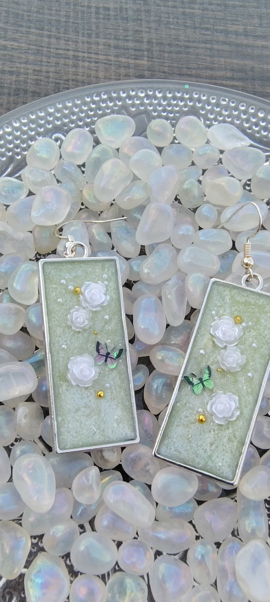 Spring Roses Earrings / Silver Rectangle