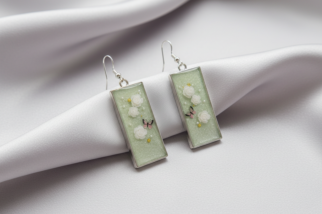 Spring Roses Earrings / Silver Rectangle