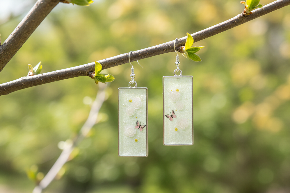Spring Roses Earrings / Silver Rectangle