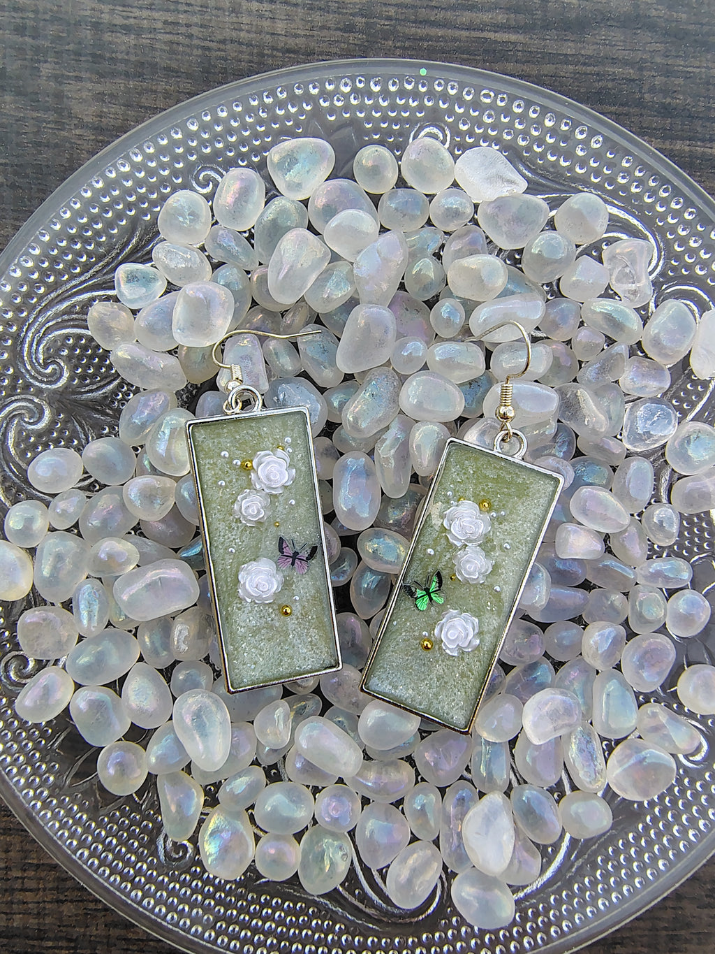 Spring Roses Earrings / Silver Rectangle