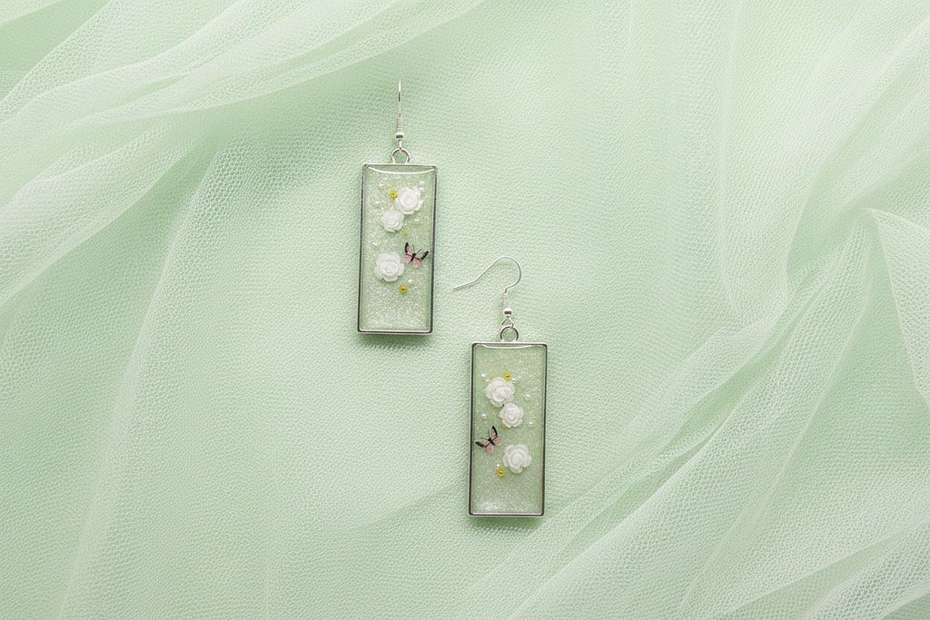 Spring Roses Earrings / Silver Rectangle
